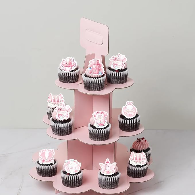 63 PCS Edible Baby Shower Cupcake Toppers Bottle Carriage Oh Baby Girl Cupcake Picks Edible It's a Girl Cupcake Decorations for Gender Reveal Baby Shower Birthday Party Cake Decorations Supplies Pink