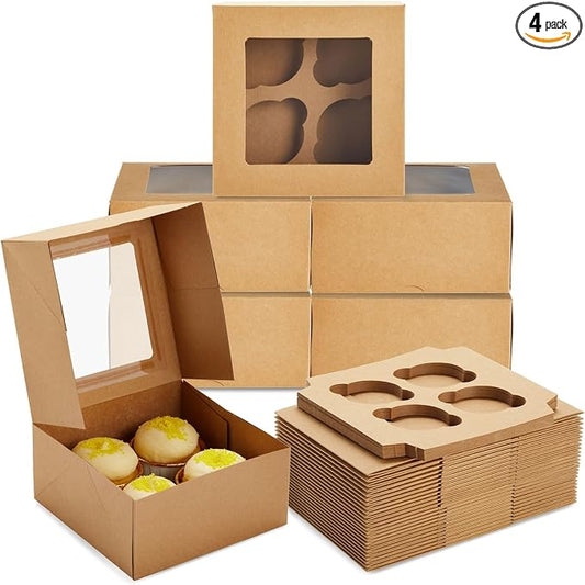 Juvale Cupcake Boxes - 6 x 6 in, 24 Count, Brown - 4-Cup Insert & Clear Window Cupcake Containers & Muffin Boxes