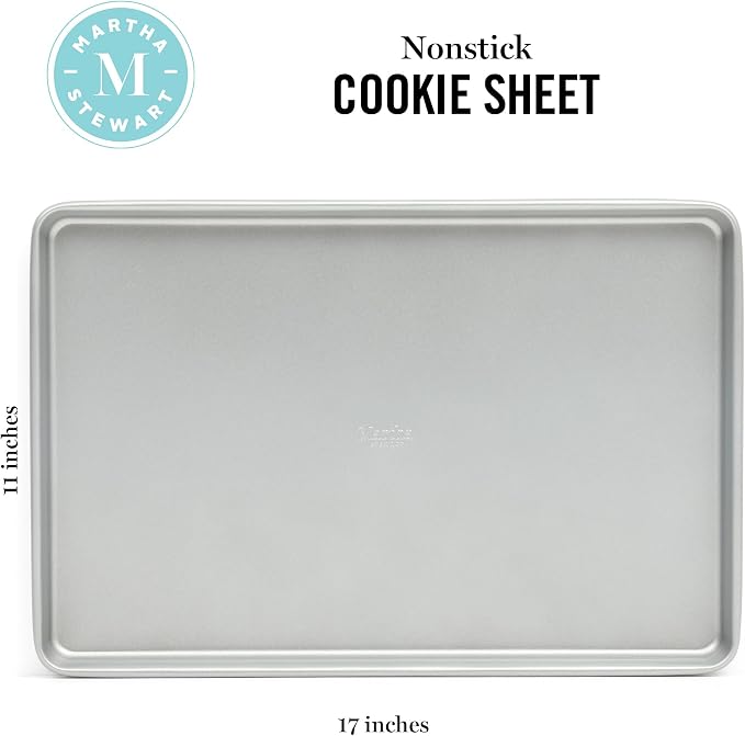 Martha Stewart Gallen 17 x 11 Inch Nonstick Carbon Steel Cookie Sheet - Silver Durable Baking Pan for Cookies, Brownies & Roasting
