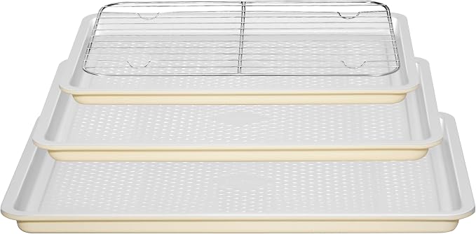 Nonstick Ceramic Baking Sheet With Rack, 3-Pack Half/Jelly Roll/Quarter Sheet Pan, Non-Toxic, PTFE & PFOA Free, Warp-Free, Oven Safe 550°F, Dishwasher Safe, Aluminized Steel, Gray Yellow