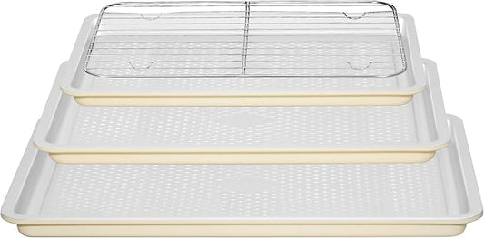 Nonstick Ceramic Baking Sheet With Rack, 3-Pack Half/Jelly Roll/Quarter Sheet Pan, Non-Toxic, PTFE & PFOA Free, Warp-Free, Oven Safe 550°F, Dishwasher Safe, Aluminized Steel, Gray Yellow