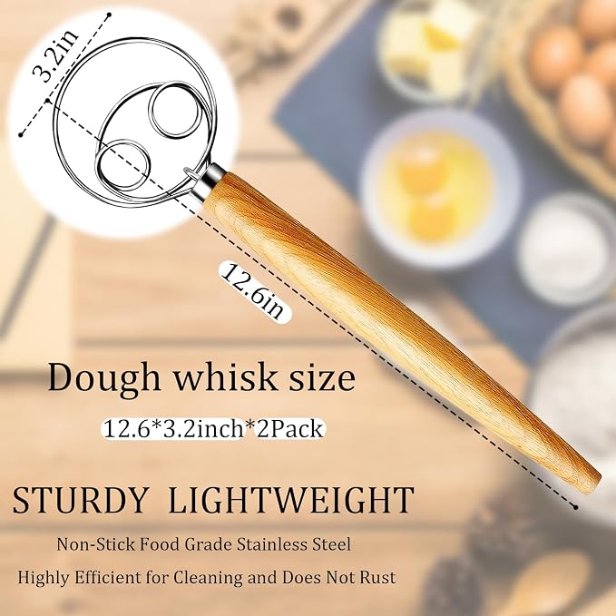 2Pack Danish Dough Whisk - Dough Whisk/Bread Whisk Sourdough Bread Baking Supplies for Cake Bread Pizza Pastry Biscuits, Wooden Hand Stainless Steel Ring Sourdough Baking Dough Mixer
