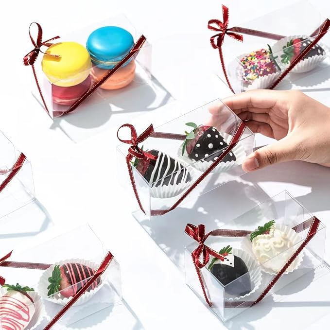 100 Pcs 4.5"x2.2"x2" Clear Chocolate Covered Strawberries Boxes for 2 Macaron Boxes for 4 Mini Cinnamon Roll Box for 4 Small Bakery Treat Boxes for Wedding Christmas Birthday Valentine's