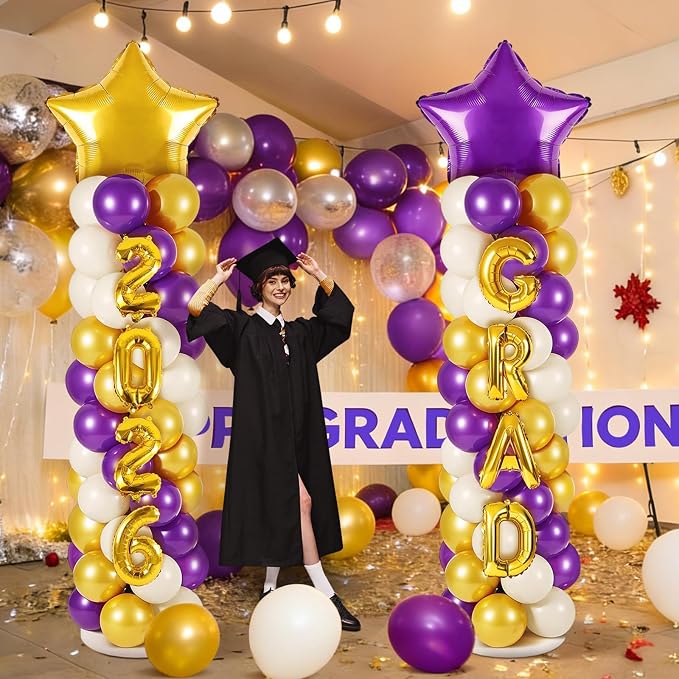 2 Sets Graduation Balloon Column Stand Kits with 132 PCS Purple Golden White Latex Balloons 2026 Letters 6.5 Ft Adjustable Metal Tube Telescopic Tower Pillar with Base for Graduation Party Decoration