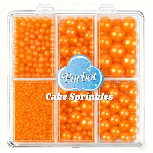 Orange Pearl Sprinkles for Cake Decorating, 4 Sizes Sugar 130g/4.6oz, Cupcake, Ice Cream, Donuts, Macaron Toppings Supplies (2mm, 4mm, 7mm, 1cm)