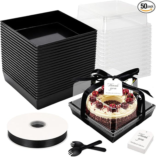7 x 7 x 4 Inches Paper Cake Boxes with Clear Lids, 50 Pack Black Large Charcuterie Square Food Containers, Halloween Day Disposable Bakery Boxes for 4-6 Inch Bundt Cake, Pie, Dessert