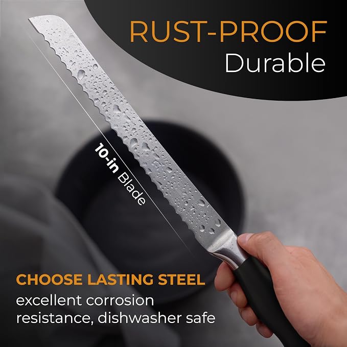 Orblue Bread Knife, 10-Inch Serrated Stainless Steel – Ultra Sharp for Crusty Artisan Bread, Bagels, Cakes & Pastries – Non-Slip Handle Slicer, Black