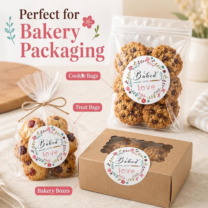 Baked with Love Bakery Sticker Seals: 120 PCS 1.6 Inch Round Matte Paper Stickers for Cookie Bags, Treat Bags, Bakery Boxes and Homemade Baked Goods Packaging