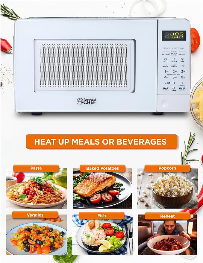 COMMERCIAL CHEF 0.7 Cubic Foot Microwave with 10 Power Levels, Small Microwave with Pull Handle, 700W Countertop up to 99 Minute Timer and Digital Display, White