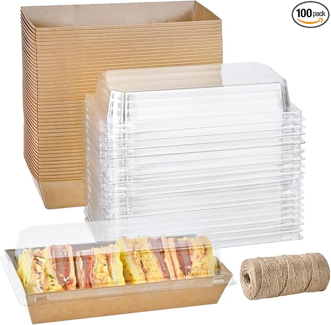 ZORRITA Paper Charcuterie Boxes with Clear Lids, 100 Pack, Brown | 7.5x3.3 Inch, Small, To Go Food Containers, For Desserts, Treats, Cookies, Sandwich, Pastry, Strawberries and Cupcakes