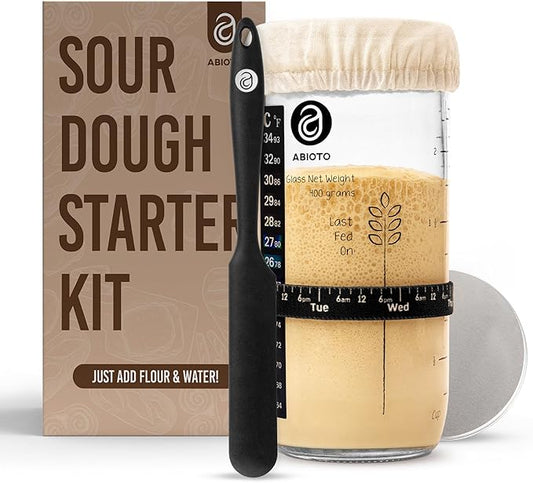 ABIOTO Sourdough Starter Kit, Includes 24 oz Sourdough Starter Jar with Metallic Lid, Silicone Spatula, Feeding Tracker, Extra Thermometer Strips & Breathable Covers - Sourdough Bread Starter Kit