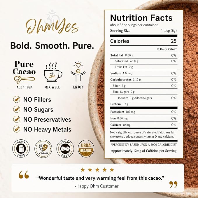 Pure Raw Organic Cacao Powder | Premium Ceremonial Grade Cacao | Natural Source of Flavanols, Magnesium, Iron & Theobromine | Sugar-Free Hot Cocoa Chocolate Drink & Baking Mix | Unsweetened - (33 Servings)