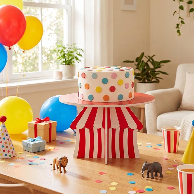 Lallisa 12" Circus Themed Cake Stand Red 3D Carnival Themed Party Decorations with Circus Tent Base PVC Dessert Holder Centerpieces for Desserts Birthday Wedding Supplies