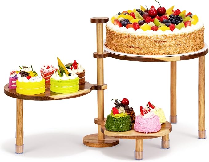 3-Tier Wooden Dessert Stand with 360° Rotation, All-Wood Acacia Cake & Cupcake Display, Round Tiered Serving Stand for Parties, Weddings & Events