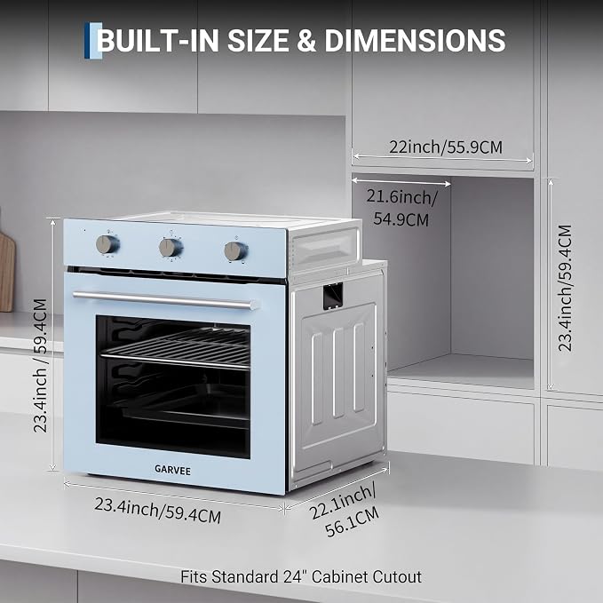 Garvee 24 Inch Single Wall Oven, 2.5 Cu.ft. Built-in Electric Oven with 4 Cooking Functions, 3000W Power, Mechanical Knob Control, Low-e Glass Door, Cooling Fan, Easy Clean Enamel Interior, White