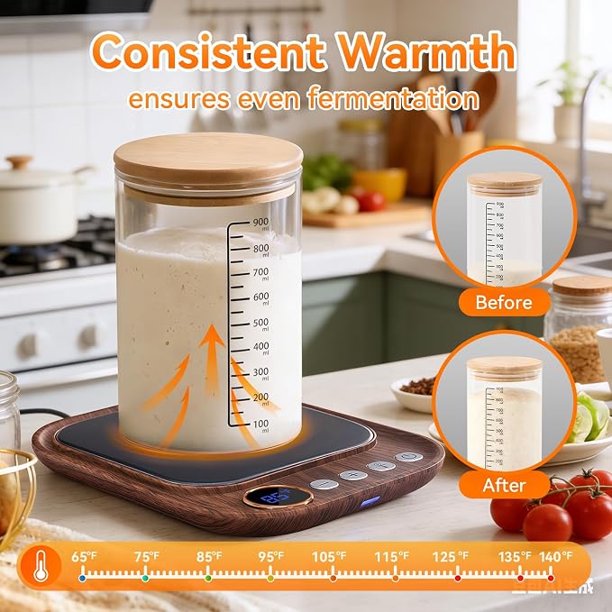Sourdough Starter Warmer Mat, Sourdough Heating Mat for Jars up to 40 oz with Temp Memory Function & Precise 1°F Thermostat Control, Sourdough Warming Mat for Home Baking (Wood Grain, Regular)