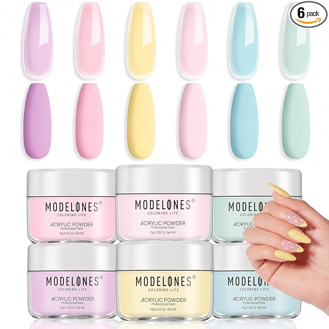 Modelones Pink Acrylic Powder 6 Colors Acrylic Nail Powder Kit Pastel Yellow Blue Purple Macaron Spring Nail Acrylic Cover Powder for Nail Art Extension No Nail Lamp Needed