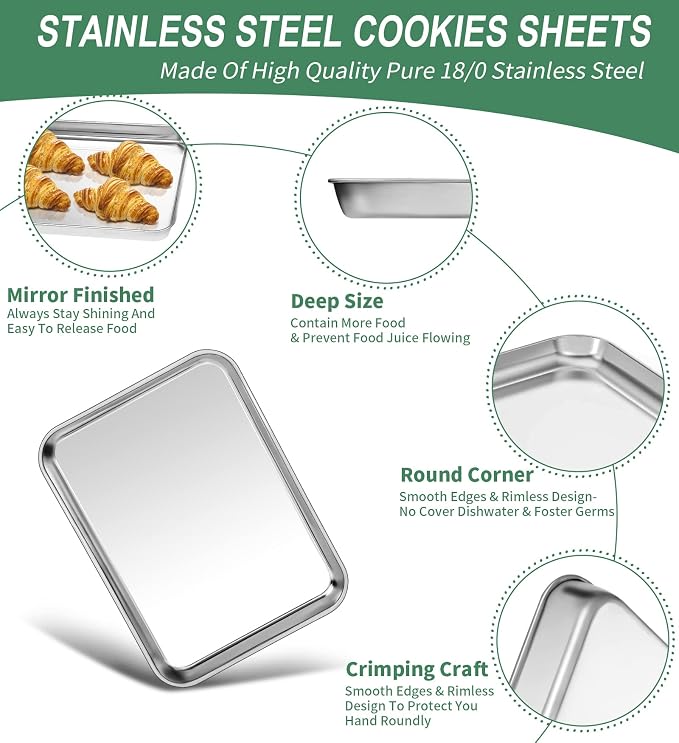 Baking Sheets Set of 2, HKJ Chef Cookie Sheets 2 Pieces & Stainless Steel Baking Pans & Toaster Oven Tray Pans, Rectangle Size 10 x 8 x 1 inch, Non Toxic & Healthy & Easy Clean
