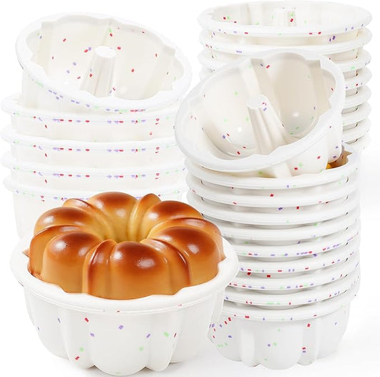 4 Inch Silicone Mini Fluted Tube Cake Pans with Metal Frame, 24 Pcs Nonstick Mini Flan Molds for Baking, BPA Free – Individual Reusable Jello Mold for Small Business or Home Baker(Cream)
