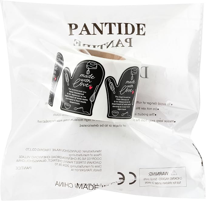 PANTIDE 500 Count Made with Love Cottage Food Law Labels Stickers (Black) | Adhesive Oven Mitt Shaped Decal Roll, Made in A Home Kitchen, Inspection Statement Thermal Printed, for Baked Food Packaging