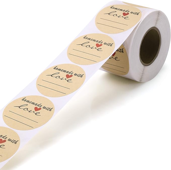 2" Homemade with Love Stickers, 500 Pcs Kraft Jar Canning Label Stickers for Baked Packaging, Cookie Bags, Fudge Containers, Store Owners, Crafts, Organizing, Price Tags