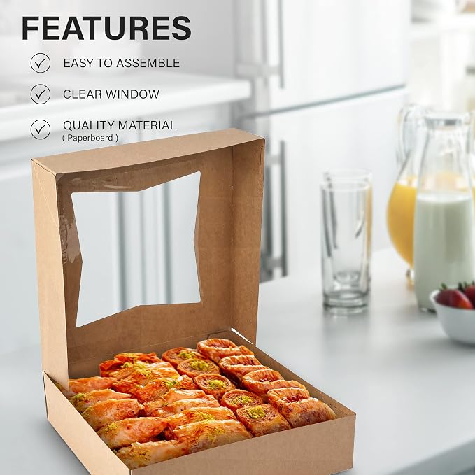 MT Products Kraft Cookie Box 8" x 8" x 2.5" - Auto Pop-Up Bakery Boxes with Window (Pack of 15) - Made in USA