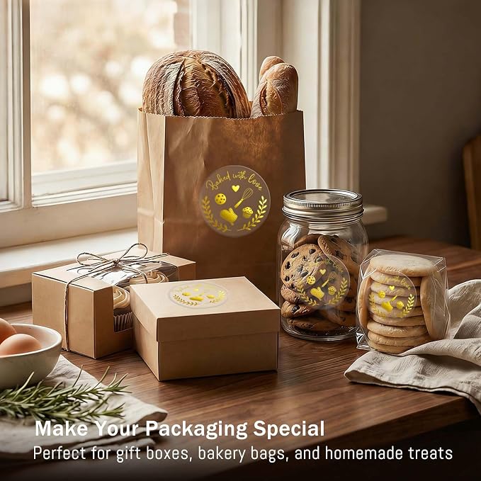 100PCS Baked with Love Stickers 1.6" Round Gold Foil Baking Labels for Cookies, Candy Table, Bakery Packaging, Unique Touch to Your Business and Homemade Cookies, Dessert Table Decor (Gold)