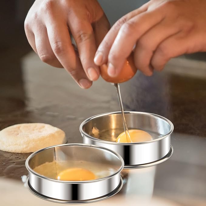 Catcan 6 Pieces English Muffin Rings, 3.15 Inch Stainless Steel Crumpet Ring Double Rolled Tart Nonstick Metal Round Molds with Silicone Oil Brush