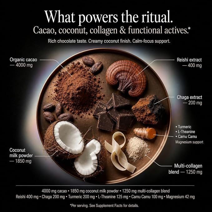 Mushroom Cacao Organic Powder Sugar Free - 1250mg Multi-Collagen Peptides Blend, Reishi, Chaga, Magnesium, L-Theanine, Turmeric & Camu Camu, 30 Servings (Packaging May Vary)