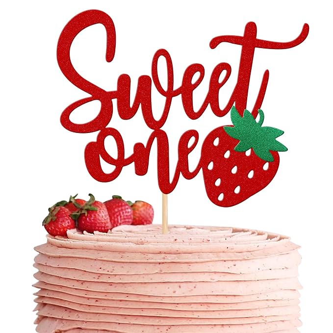 1 PCS Strawberry 1st Birthday Cake Topper Glitter Sweet One First Birthday Strawberry Cake Pick Decoration for Sweet Fruit Theme Baby Shower Kids Birthday Party Supplies Red