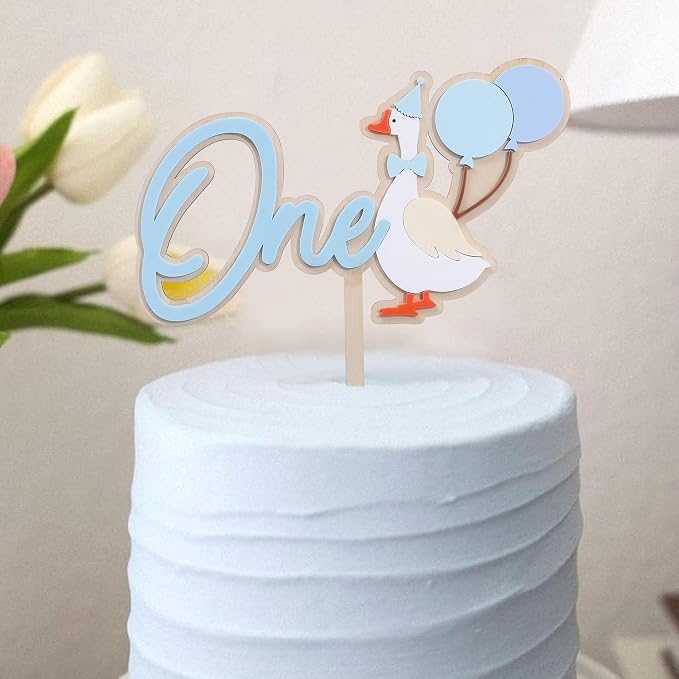 Wooden One Silly Goose 1st Birthday Cake Topper - Silly Goose First Birthday Decorations,Baby Girl 1st Party Decor (blue)