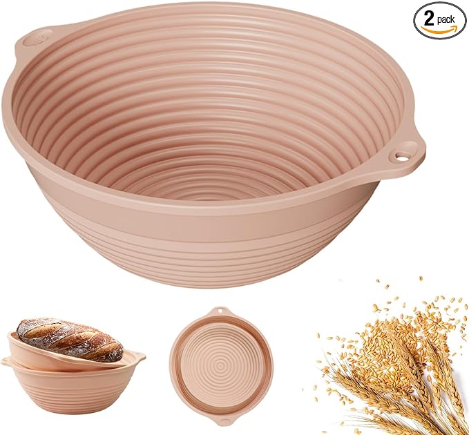 2-Pack Silicone Bread Proofing Basket, 9" Round Collapsible Banneton for Sourdough, Non-Stick Dishwasher Safe Alternative to Rattan, Professional Baking Supplies (Round Pink)