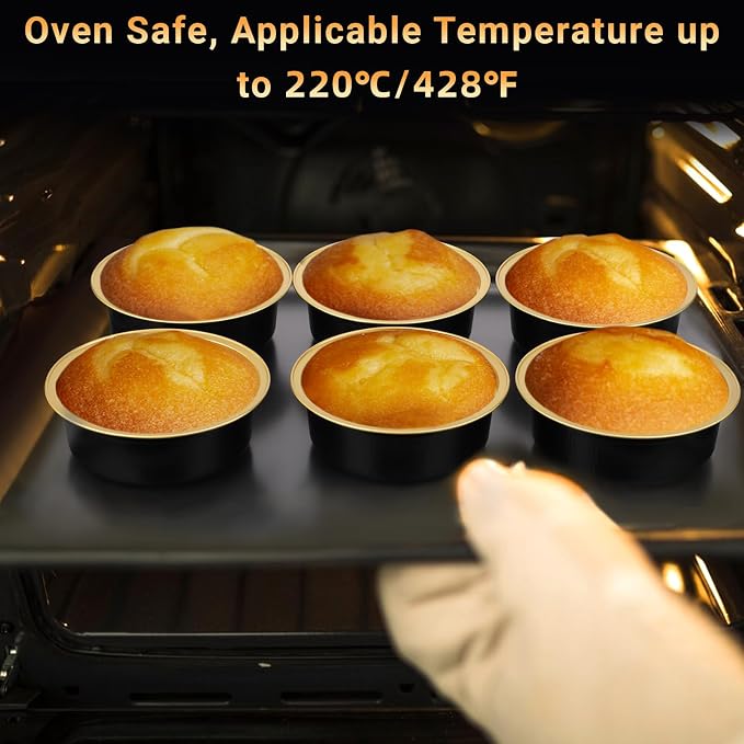 Beasea Disposable Ramekins with Lids, 100 Pack 8.8oz 260ml 4 Inch Round Aluminum Foil Cups Disposable Cupcake Pudding Mini Baking Cups for Party - Black Gold