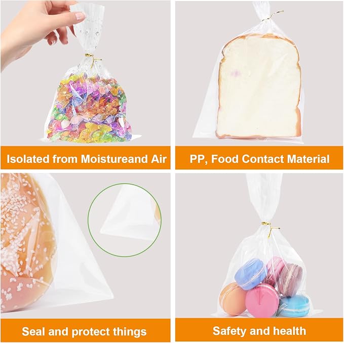 400 PCS Clear Flat Cellophane Treat Bags with 3x5",4x6",5x7",2x10",Treat Bags with Ties are Good for Pretzel Rods,Bakery, Cookies, Candies,Dessert.