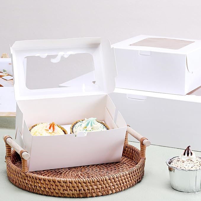MUMULULU 20 PCS White Paper Cupcake Boxes with 2 Cavity Cookie Gift Boxes with Clear Window 2 Treat Holder Cupcake Containers Bakery Cake Box for Birthday Party Bakery Supplies