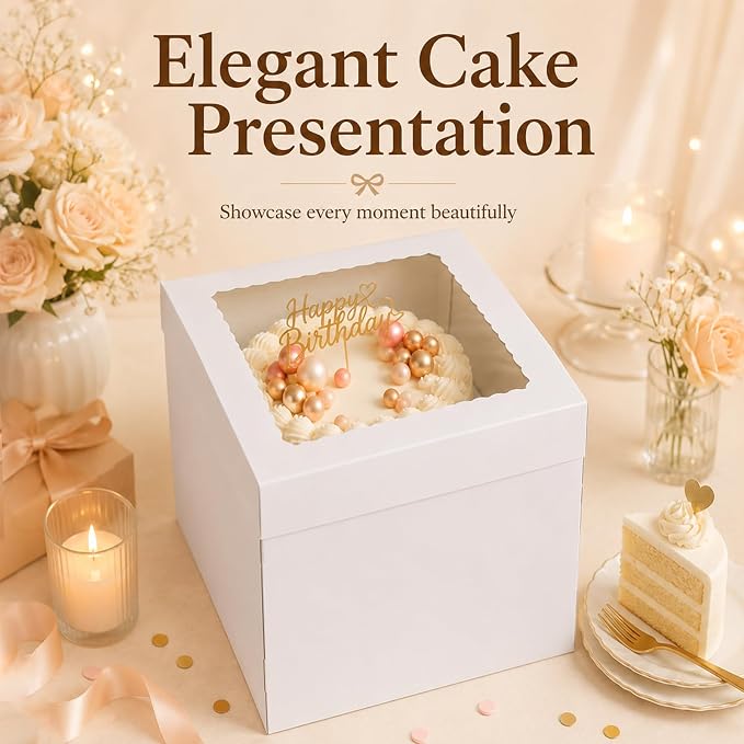 14x14x12 Inch White Corrugated Cake Boxes for 10-12 Inch Large Tiered Cakes | corrugated cake containers support for transit protection; 14x14 extra wide base fits oversized 10-12in tiered cakes