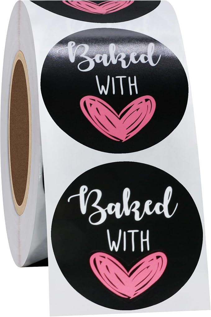 Hybsk Baked with Love Stickers for Bakeries Bake Sales Presents Seals Weddings Baby Showers Events Baking Stickers(1.5 inch)