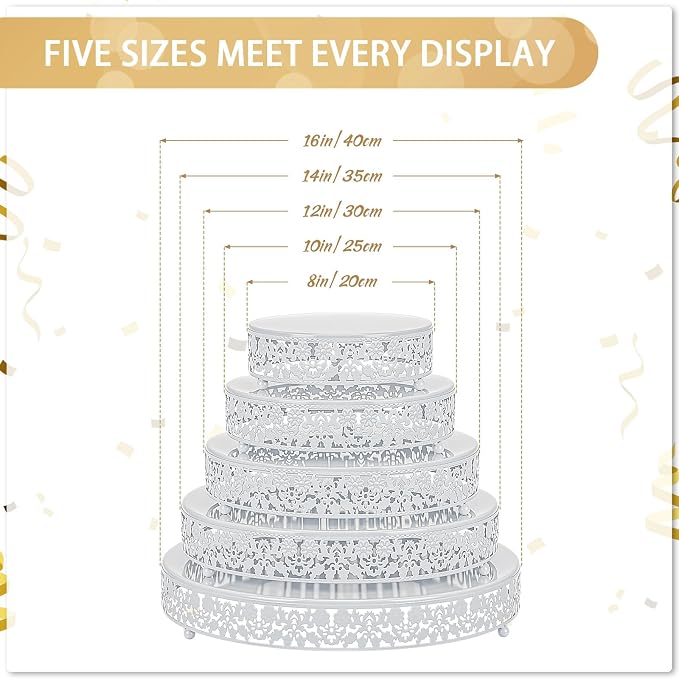 Wenqik 5 Pcs Metal White Cake Stand 16/14/12/10/8 Inch Round Cake Holder Display for Dessert Table Cookies Fruit Serving Tray Cupcake Pastry Riser for Wedding Birthday Party and Events