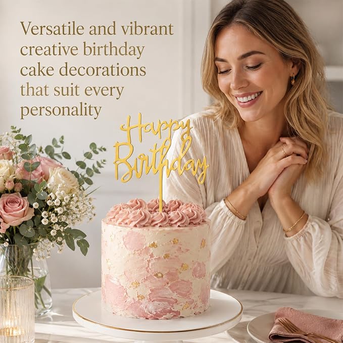 2 PCS Gold Happy Birthday Cake Topper, Acrylic | Hand-Drawn Happy Birthday Topper for DIY Party Cake Decoration, Perfect Keepsake for your family and friends