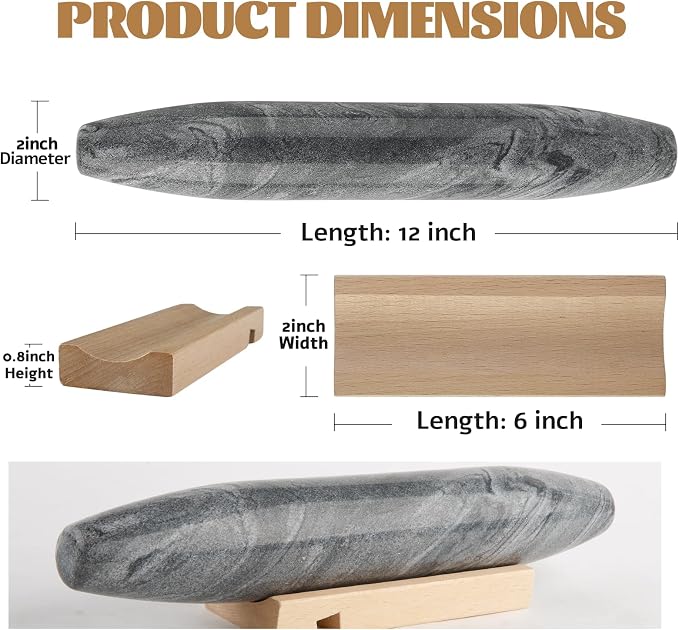 Koville African Natural Grey Marble French Rolling Pin, 12inch Non-Stick Rolling Pin for Baking, Dough Roller for Pasta, Dumpling, Fondant, Pie, Bread, Pizza, Kitchen Baking Tools