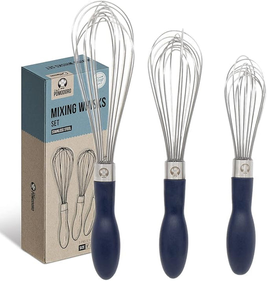 Chef Pomodoro 3-Piece Kitchen Whisk Set, Stainless Steel Whisks for Cooking, Wisk Kitchen Tool, Thick Wire Whisk Set, Wisking Tool for Cooking, Blending, Whisking, Beating and Stirring