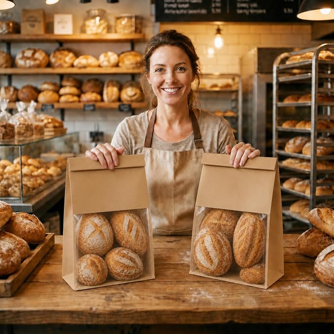 Extra Large Bread Bags for Homemade, 200 Count, 50% Thicker Sourdough Paper With Ties, 15.7*10.2*5.1 in, Tin Tie Tab Lock Bakery Bags With Window and Sealing Stickers for Storage Packaging Gifting