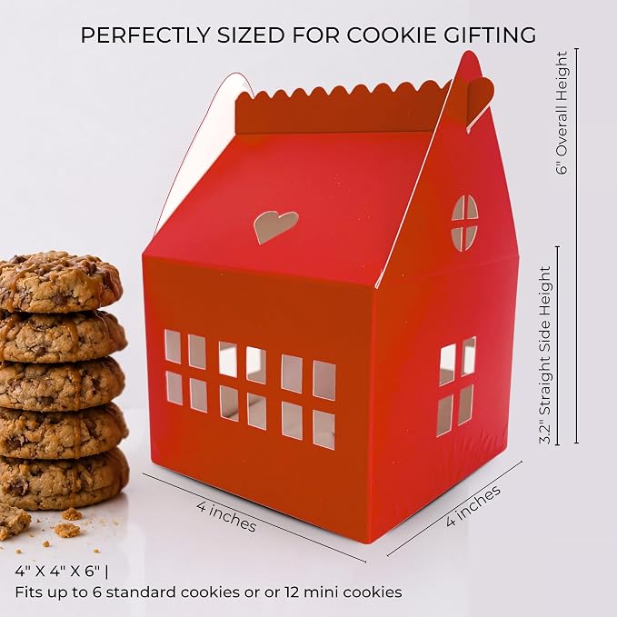 30 Pcs Cottage House Cookie Boxes with Window & Business Card Holder, Red, 4 x 4 x 6 in Bakery Gift Boxes for Treats, Desserts, Party Favors & Realtor Pop By Gifts
