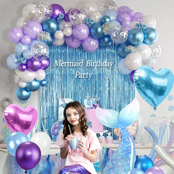 157Pcs Mermaid Party Balloons Garland Arch Kit with Fringe Curtain for Girl Princess Woman Birthday Bridal Baby Shower Engagement Wedding Under the Sea Party Decorations