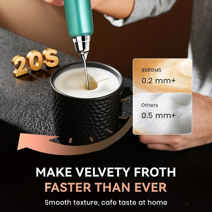 BSRGMS Milk Frother Handheld for Coffee, Electric Whisk 3 Speed Adjustable, Drink Mixer with Stainless 3 Whisks, Rechargeable Hand Frother Wand, Foam Maker for Latte Cappuccino Hot Chocolate Egg Green