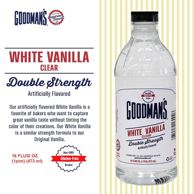 Goodman's White Vanilla Clear Double Strength Artificial Flavor - Gluten-Free, Non-GMO, Kosher, Low Carb & Low Calorie - Vanilla Flavor Ideal for Baking, Cooking, and More - No Sugar (16oz Bottle)