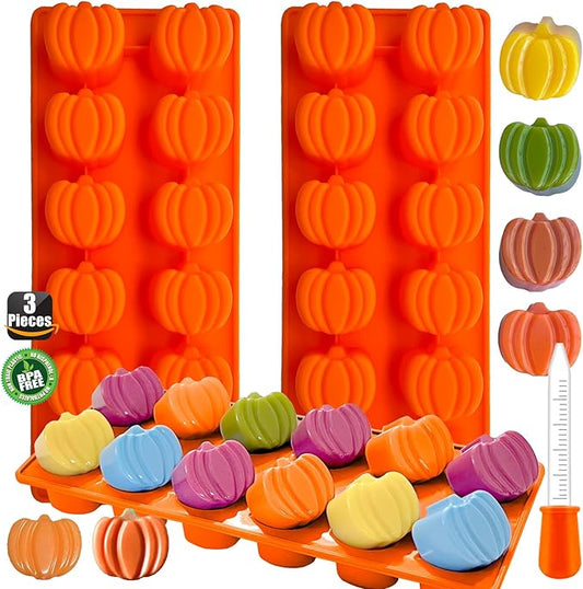 Halloween Pumpkin Chocolate Mold 3 PCS Silicone Chocolate Mold With 2 Dropper-12 Cavity Autumn Candy Mold for Baking Cake Decoration Thanksgiving Cake Soap Candle Cookies