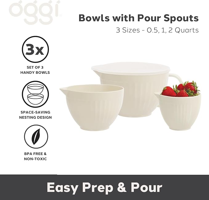 Oggi Set of 3 Mixing Bowls with Pour Spout - Nested Plastic Bowls for Kitchen, Durable Mixing Bowls with Lid Set, BPA-Free Plastic Bowls with Lid - 0.5, 1, 2 Qt