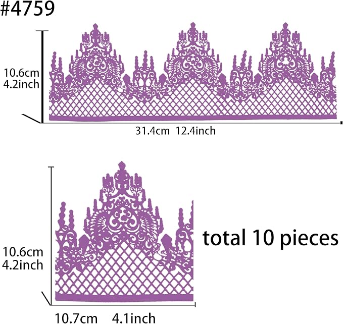 Large Pre-Made Ready to Use Edible Cake Lace Lattice Diamond Scallop Purple 12-inch 10-Piece Set