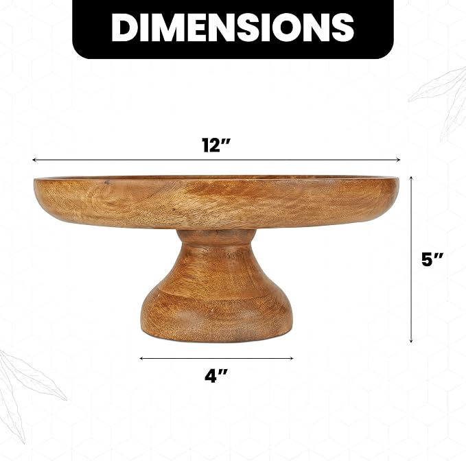 Mela Artisans 12" Mango Wood Cake Stand 5" Tall with Wooden Pedestal – Classic Finish Riser Designed for Birthday Cake and Cookie Display, Cupcake Stand & Decorative Trays
